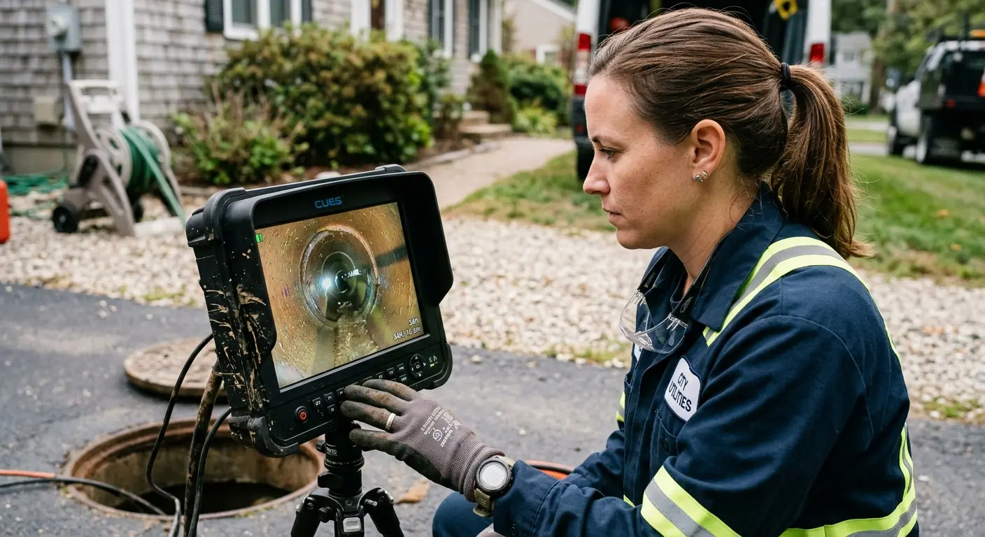 Technician reviewing sewer camera inspection footage in Fort Lauderdale