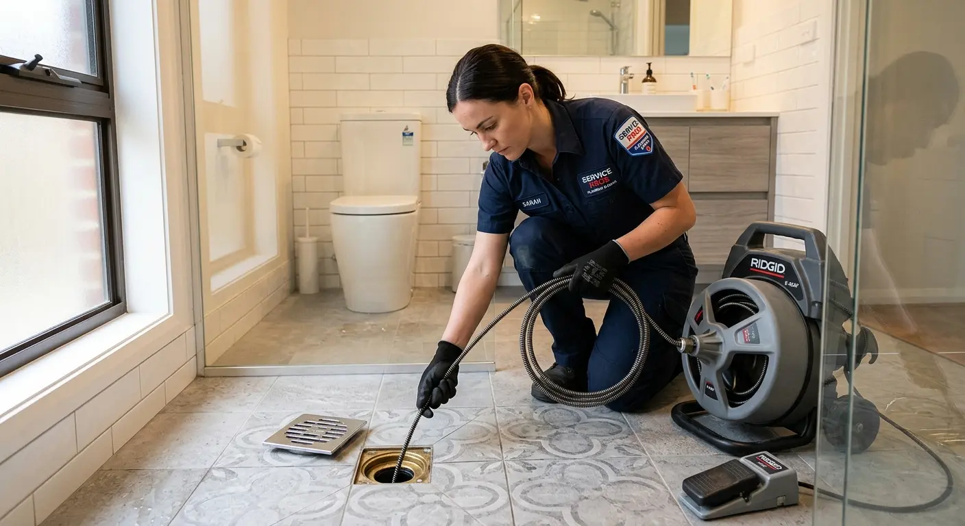 Technician clearing a bathroom floor drain for Drain Repair in Fort Lauderdale